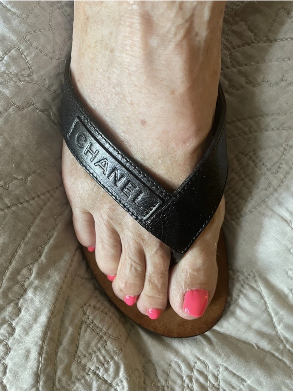 CHANEL Black Leather Logo Thong Sandals